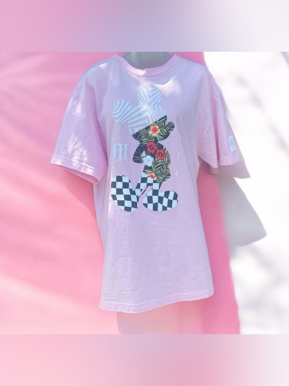 Disney Light Pink Short Sleeve Graphic Tee with Floral & Checker Mickey